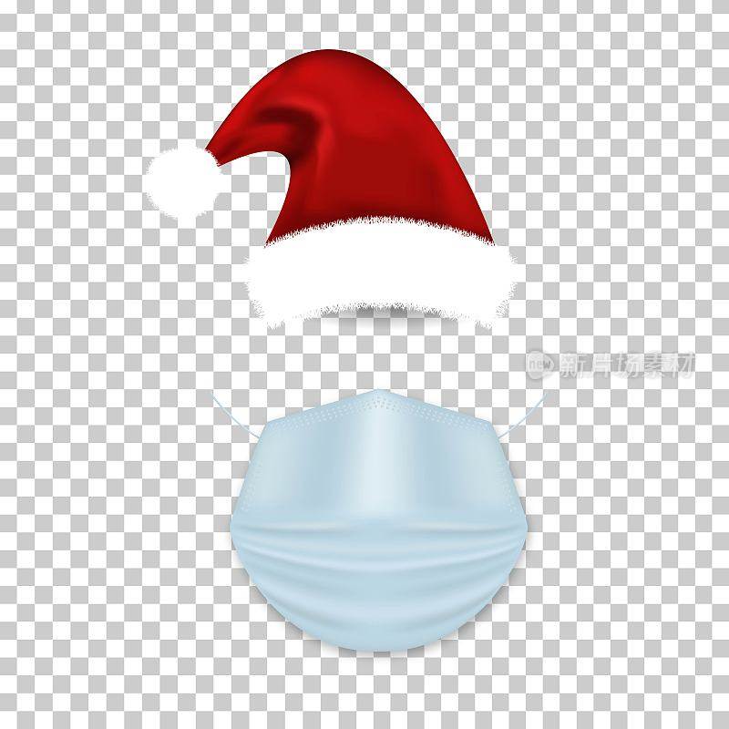 Vector realistic isolated Santa Claus hat and medical mask on the transparent background. Concept of Merry Christmas and social distance.